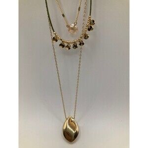 SET! LANE BRYANT Three Strand Olive & Gold Tone Pendant NECKLACE & Hoop EARRINGS